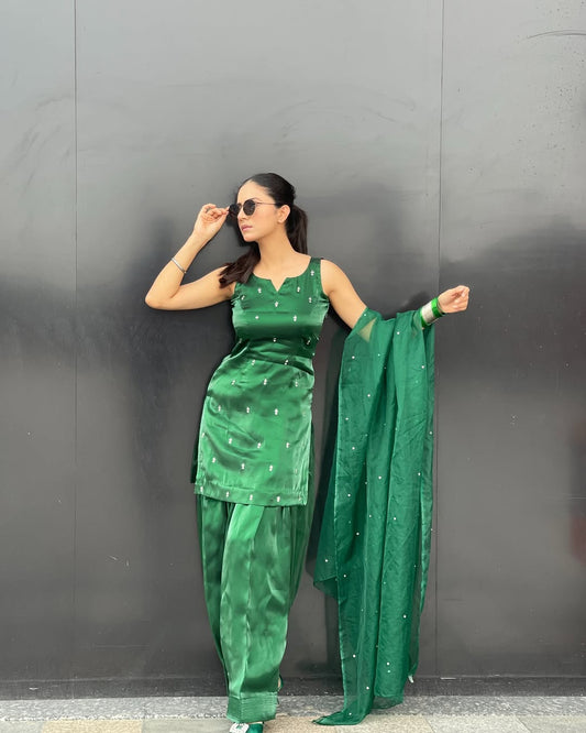 Summer wear handmade stitch dress-Green Flame