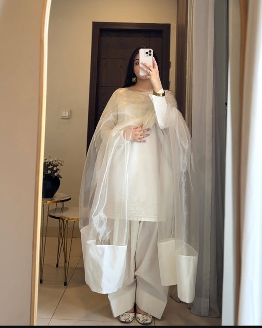 Summer wear handmade stitch dress- Mist fs white