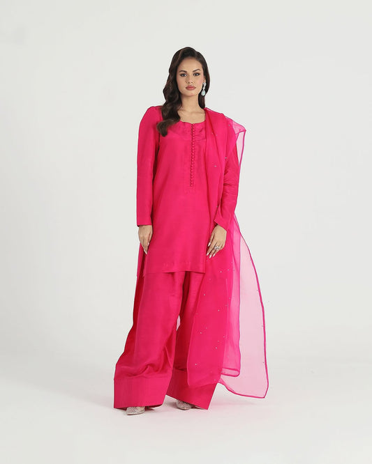 Basic shocking pink mist-Silk handmade stitch dress