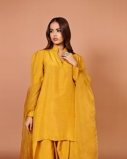 Summer wear handmade stitch dress- Basic mist mustard