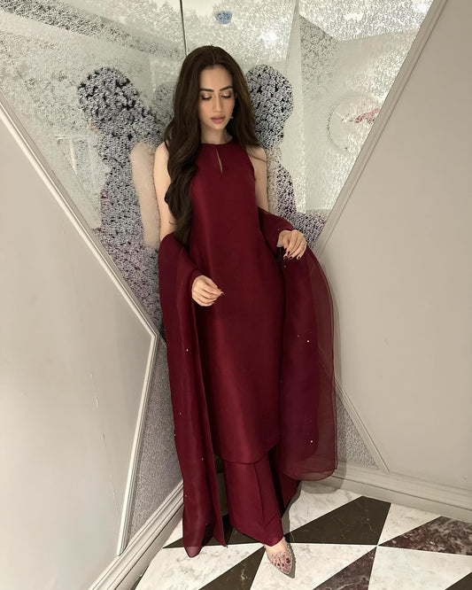 Basic marron mist-Silk handmade stitch dress