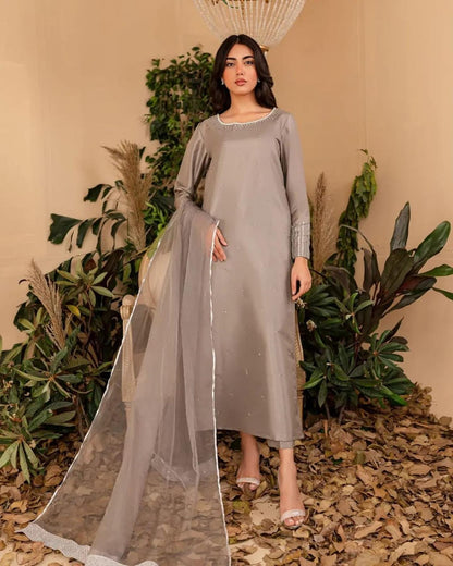Summer wear handmade stitch dress- Grey musk