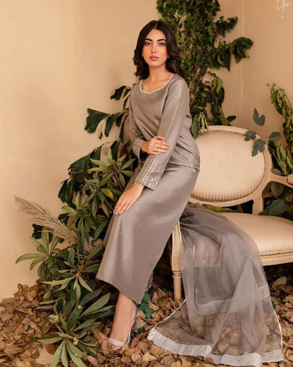 Summer wear handmade stitch dress- Grey musk