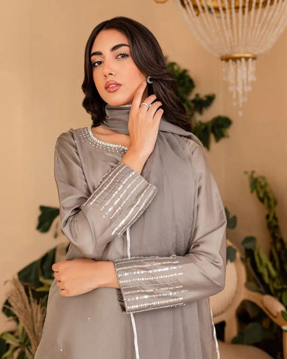 Summer wear handmade stitch dress- Grey musk