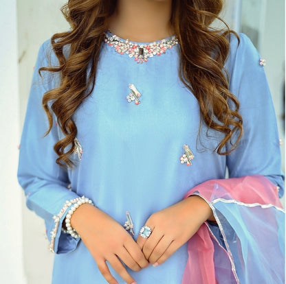 Summer wear handmade unstitch dress- Rakhs skyblue