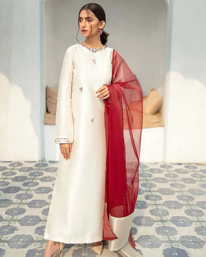 Summer wear handmade unstitch dress- Rakhs white