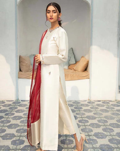Summer wear handmade unstitch dress- Rakhs white